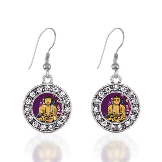 Silver Buddha And Cherry Blossoms Circle Charm Dangle Earrings