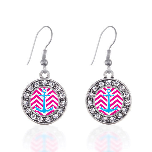 Silver Pink Chevron Blue Anchor Circle Charm Dangle Earrings