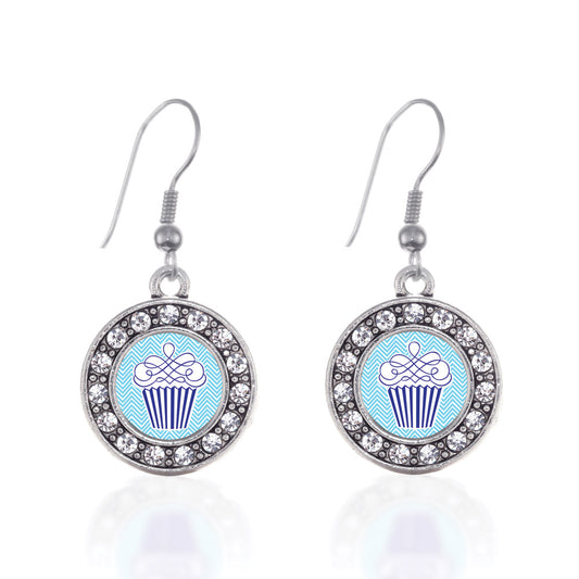 Silver Blue Chevron Cupcake Circle Charm Dangle Earrings