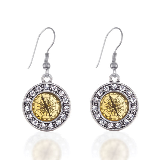 Silver Compass Circle Charm Dangle Earrings