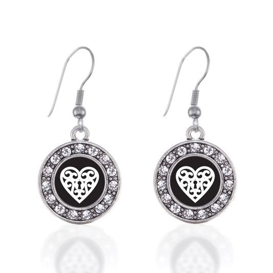 Silver Heart Shaped Lock Circle Charm Dangle Earrings