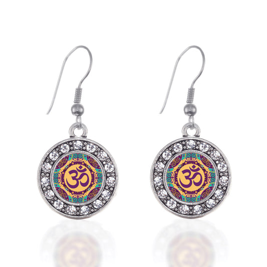 Silver Mandala Ohm Circle Charm Dangle Earrings