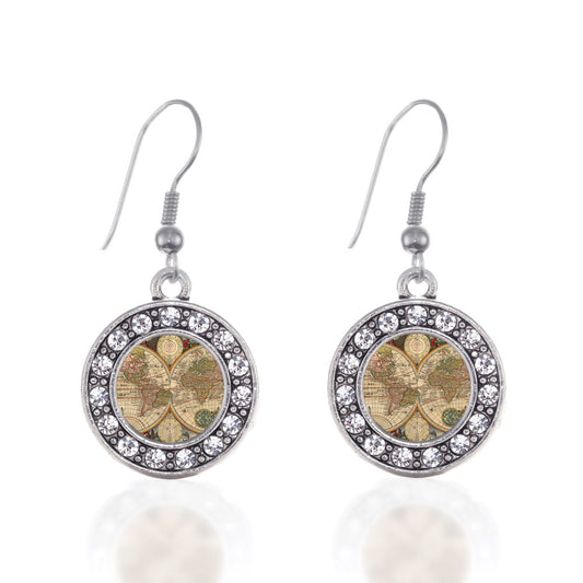 Silver Vintage Map Circle Charm Dangle Earrings