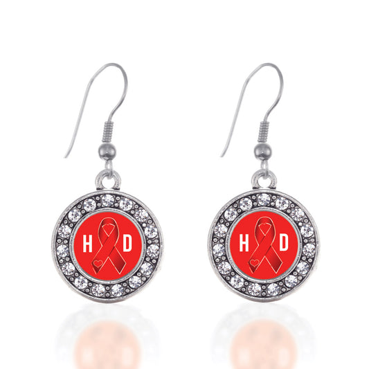 Silver Heart Disease Awareness Ribbon Circle Charm Dangle Earrings