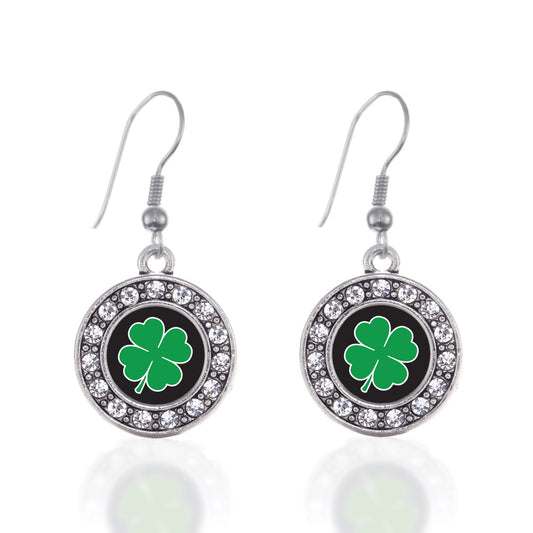 Silver Four Leaf Clover Circle Charm Dangle Earrings