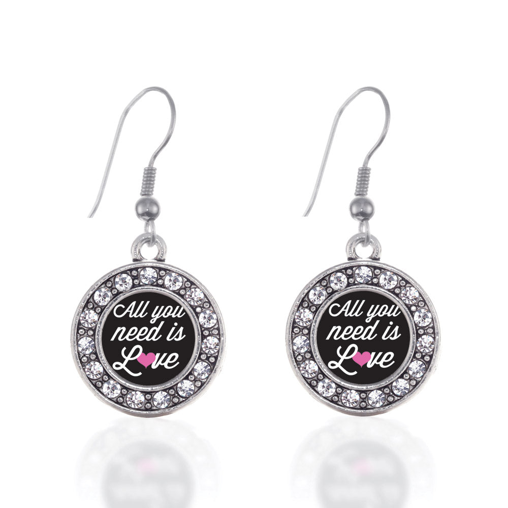 Silver All You Need Is Love Circle Charm Dangle Earrings