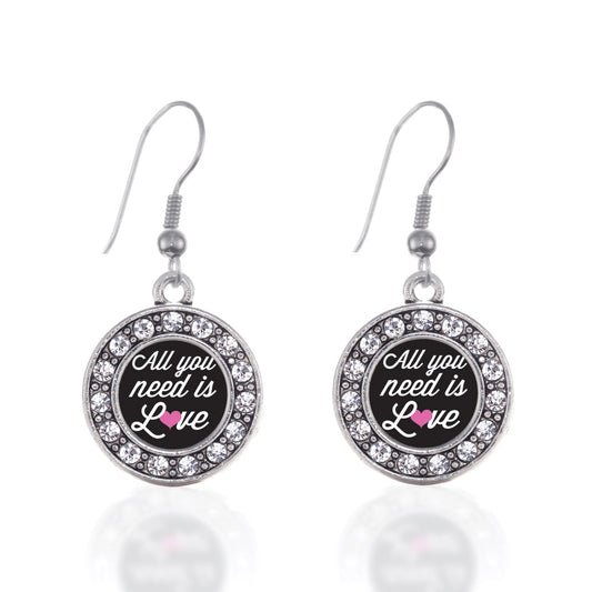 Silver All You Need Is Love Circle Charm Dangle Earrings