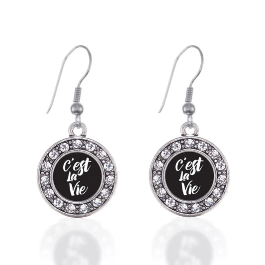 Silver C'est La Vie Circle Charm Dangle Earrings