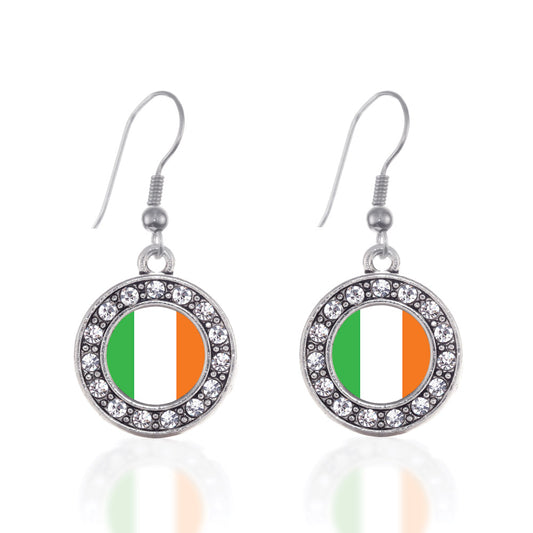 Silver Ireland Flag Circle Charm Dangle Earrings