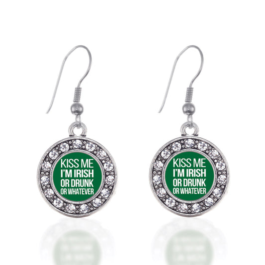 Silver Kiss Me I'm Drunk Circle Charm Dangle Earrings