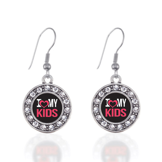 Silver I Love My Kids Circle Charm Dangle Earrings