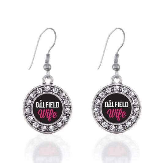 Silver Oilfield Wife Circle Charm Dangle Earrings