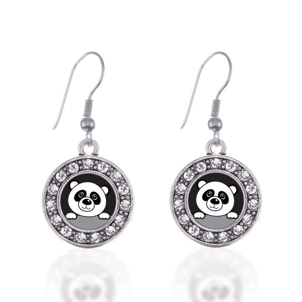 Silver Peeking Panda Circle Charm Dangle Earrings