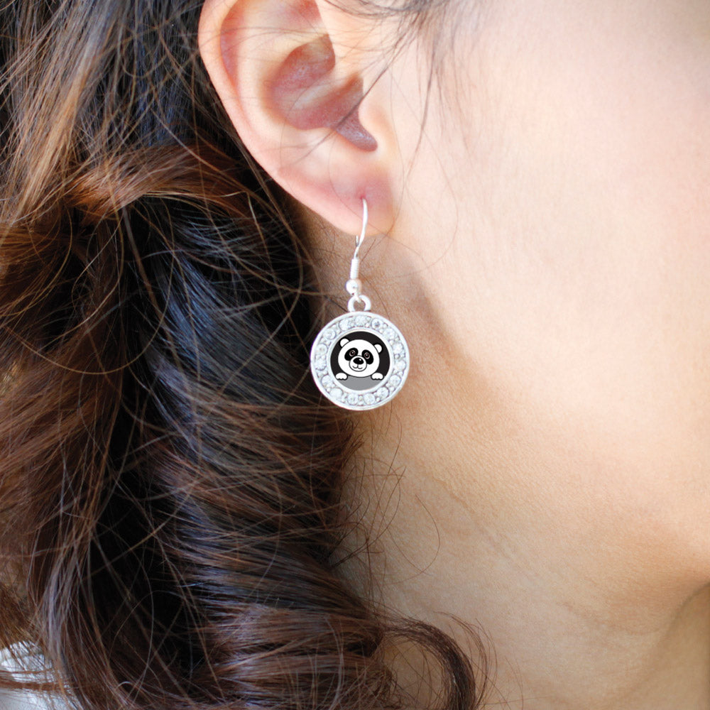 Silver Peeking Panda Circle Charm Dangle Earrings