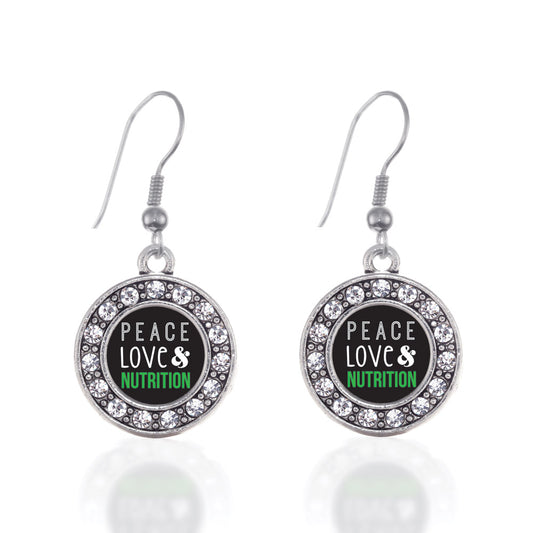 Silver Peace, Love, and Nutrition Circle Charm Dangle Earrings