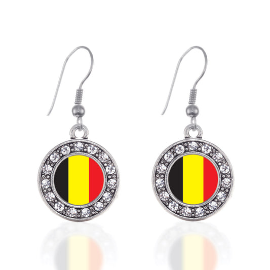 Silver Belgium Flag Circle Charm Dangle Earrings