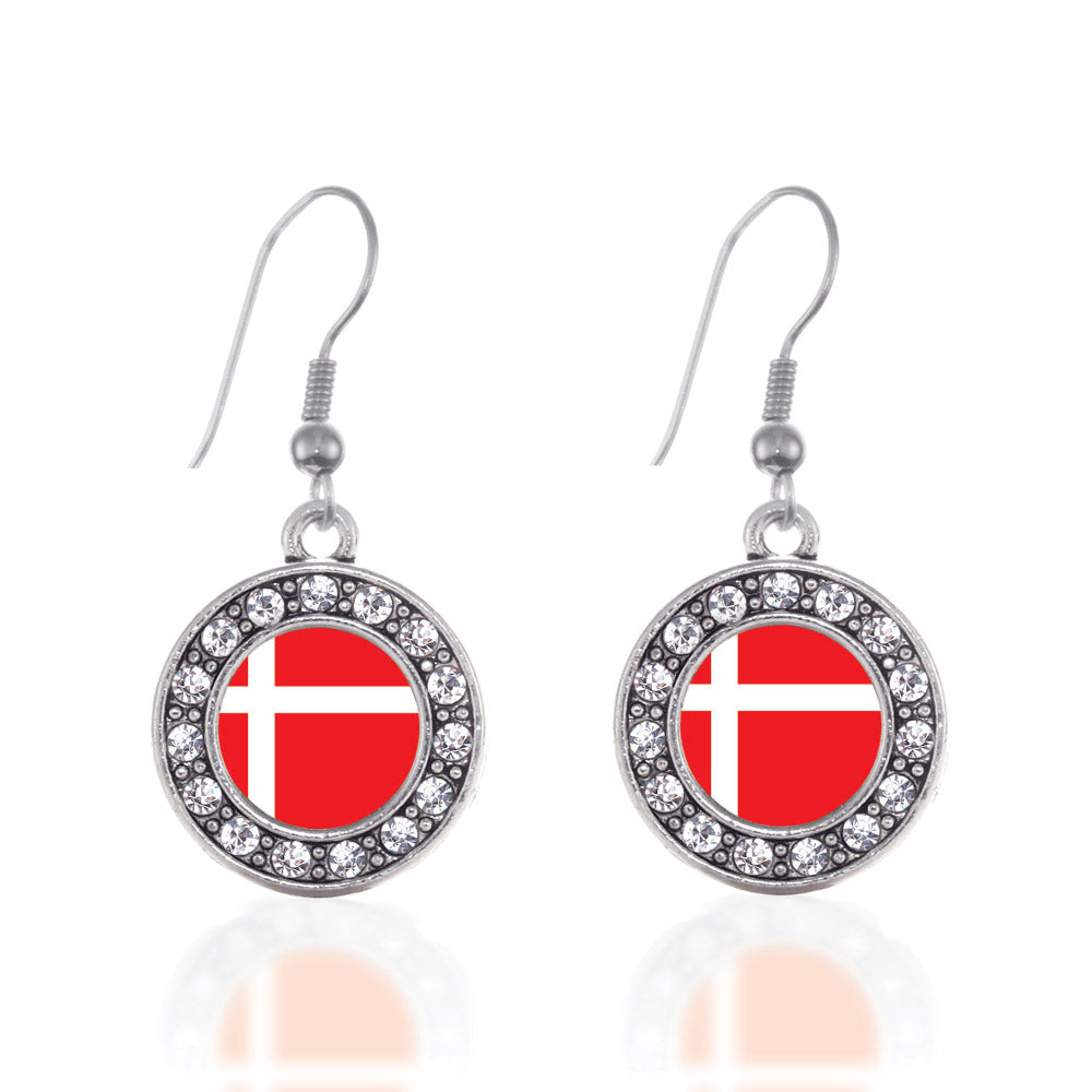 Silver Denmark Flag Circle Charm Dangle Earrings