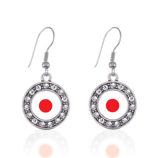 Silver Japan Flag Circle Charm Dangle Earrings
