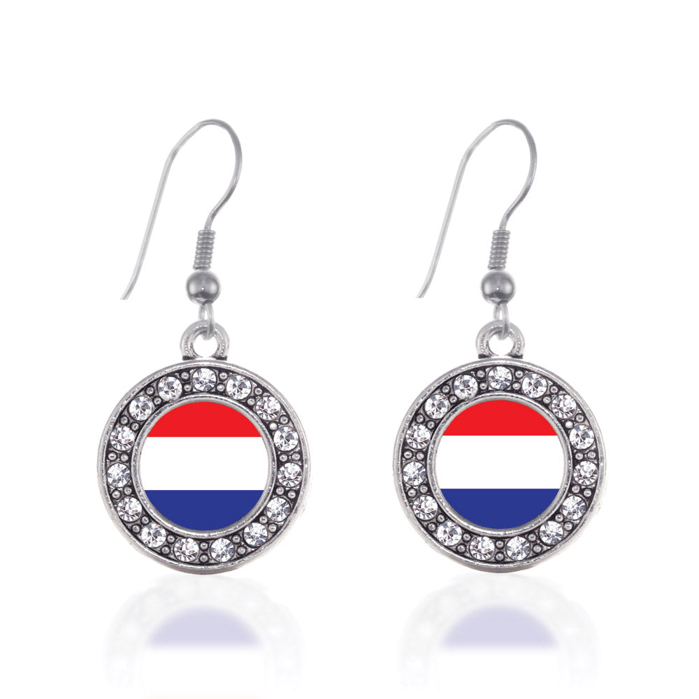 Silver Netherlands Flag Circle Charm Dangle Earrings