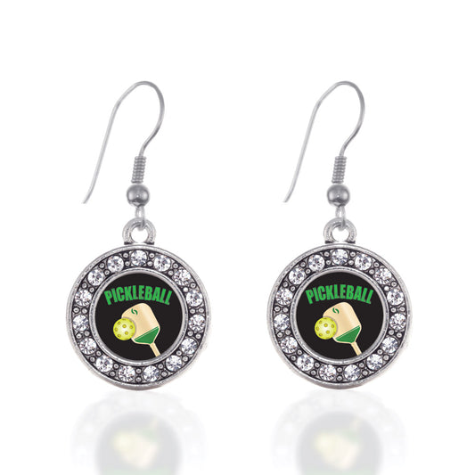 Silver Pickleball Circle Charm Dangle Earrings