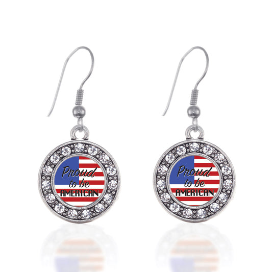 Silver Proud to be American Circle Charm Dangle Earrings