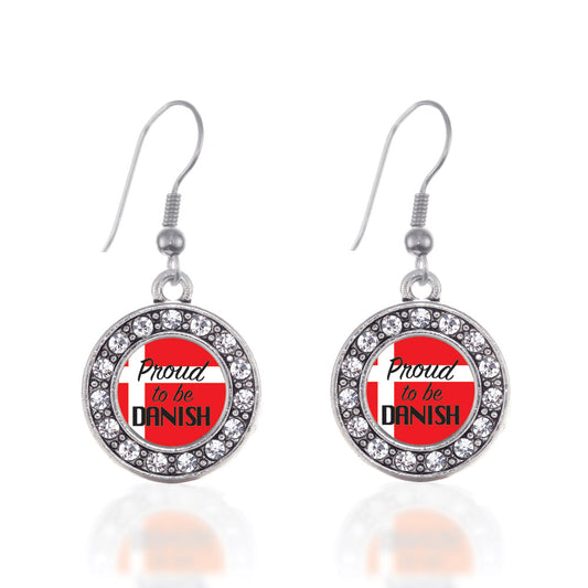 Silver Proud to be Danish Circle Charm Dangle Earrings