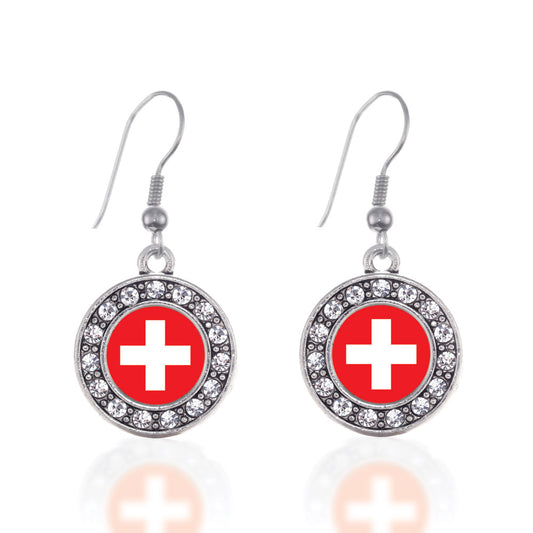 Silver Switzerland Flag Circle Charm Dangle Earrings