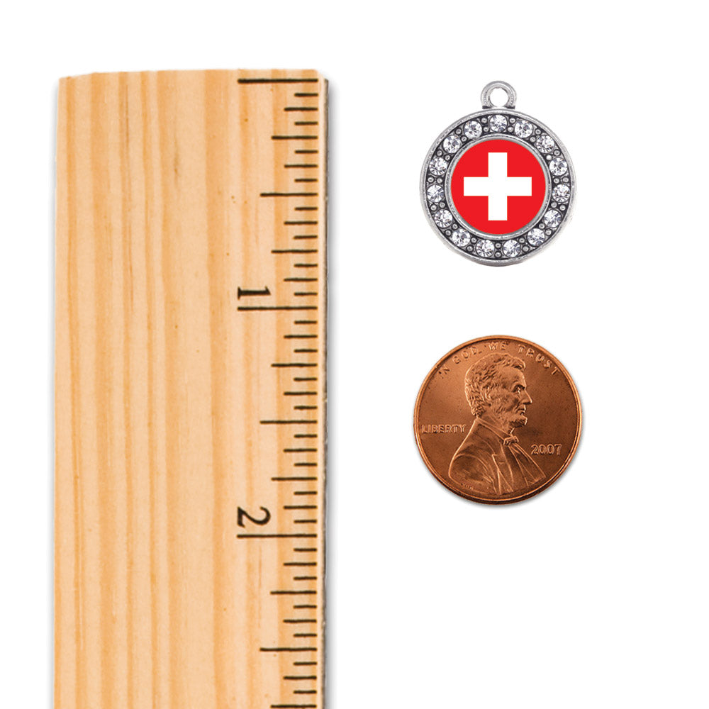 Silver Switzerland Flag Circle Charm Dangle Earrings