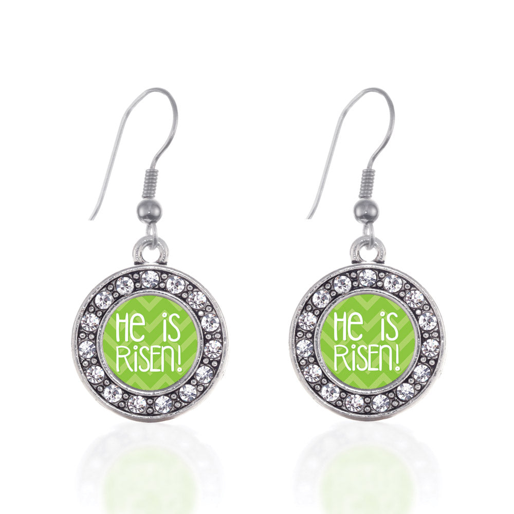 Silver He is Risen Green Chevron Patterned Circle Charm Dangle Earrings