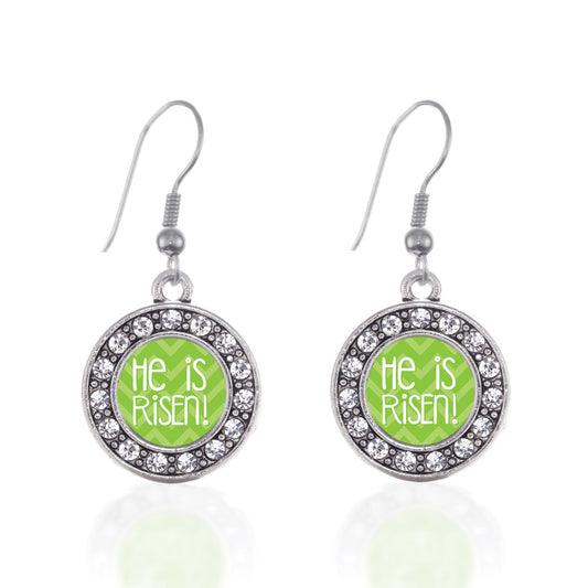 Silver He is Risen Green Chevron Patterned Circle Charm Dangle Earrings