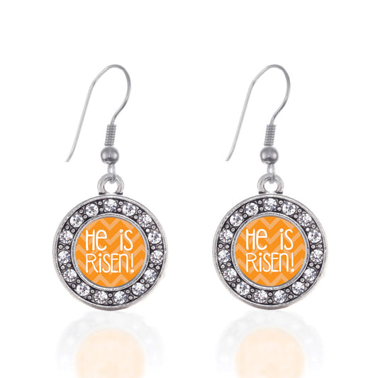 Silver He is Risen Orange Chevron Patterned Circle Charm Dangle Earrings