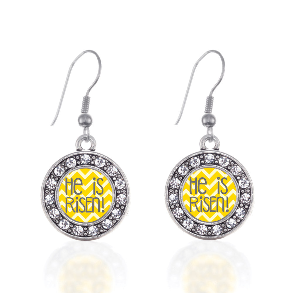 Silver He is Risen Yellow Chevron Patterned Circle Charm Dangle Earrings