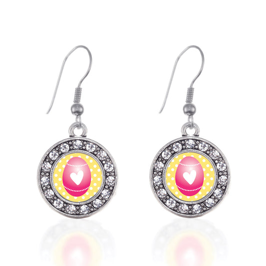 Silver Pink Easter Egg Circle Charm Dangle Earrings