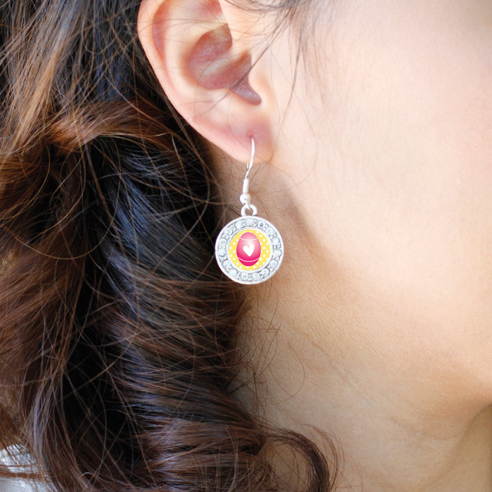 Silver Pink Easter Egg Circle Charm Dangle Earrings