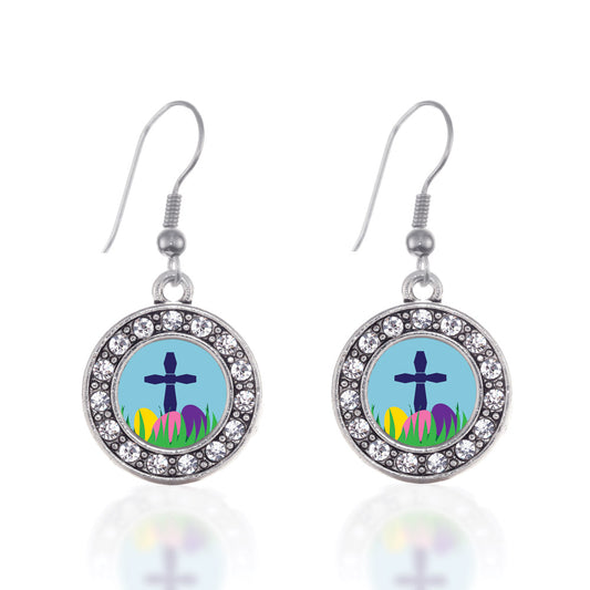 Silver Easter Cross & Eggs Circle Charm Dangle Earrings