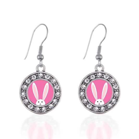 Silver Bunny Circle Charm Dangle Earrings