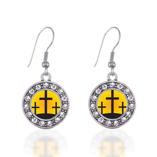 Silver Three Crosses Circle Charm Dangle Earrings