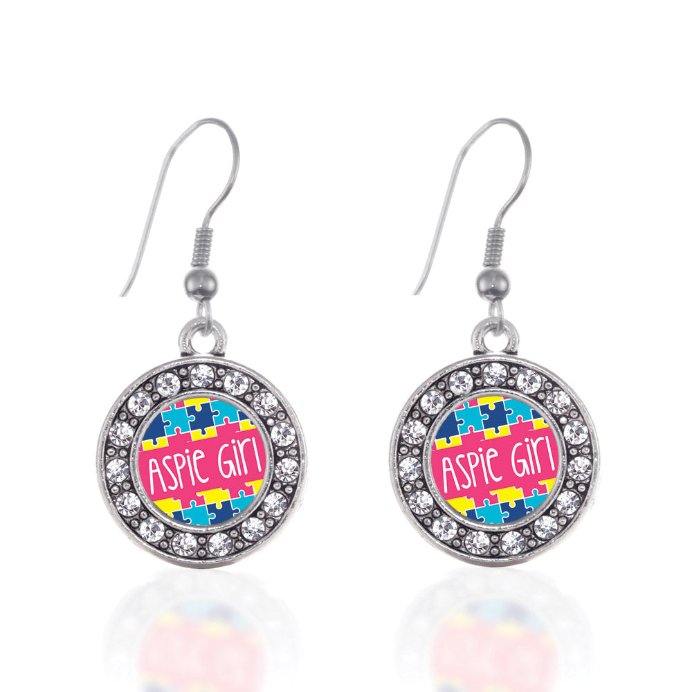 Silver Aspie Girl Circle Charm Dangle Earrings