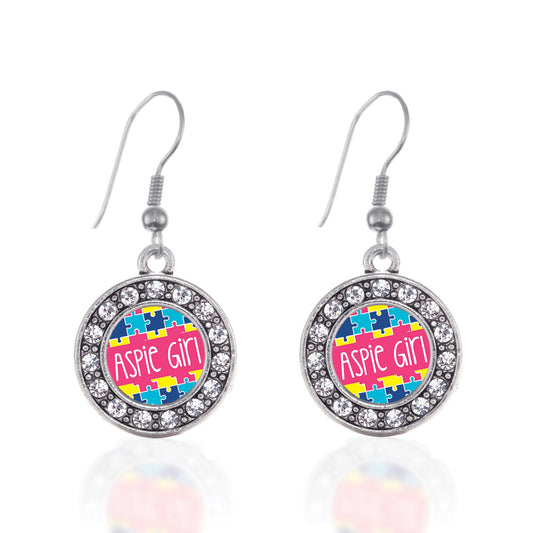 Silver Aspie Girl Circle Charm Dangle Earrings