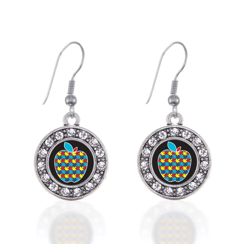 Silver Autism Apple Circle Charm Dangle Earrings