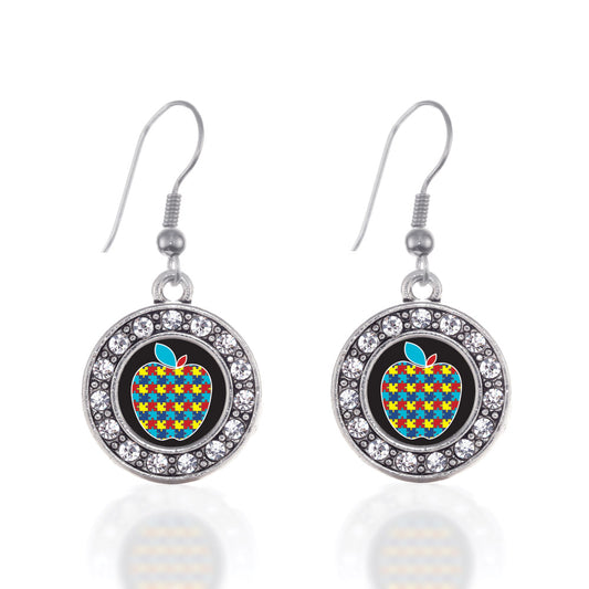 Silver Autism Apple Circle Charm Dangle Earrings