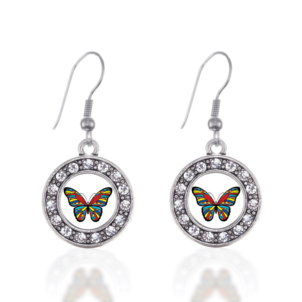Silver Autism Awareness Butterfly Circle Charm Dangle Earrings