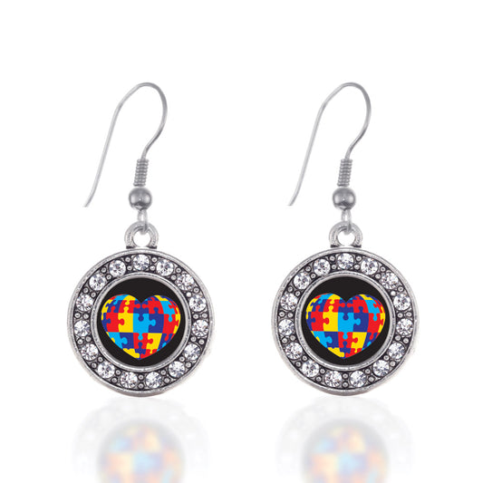 Silver Autism Awareness Heart Circle Charm Dangle Earrings