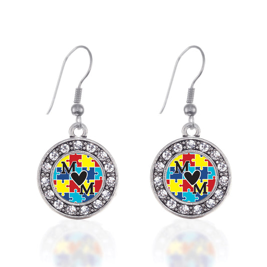 Silver Autism Mom Circle Charm Dangle Earrings