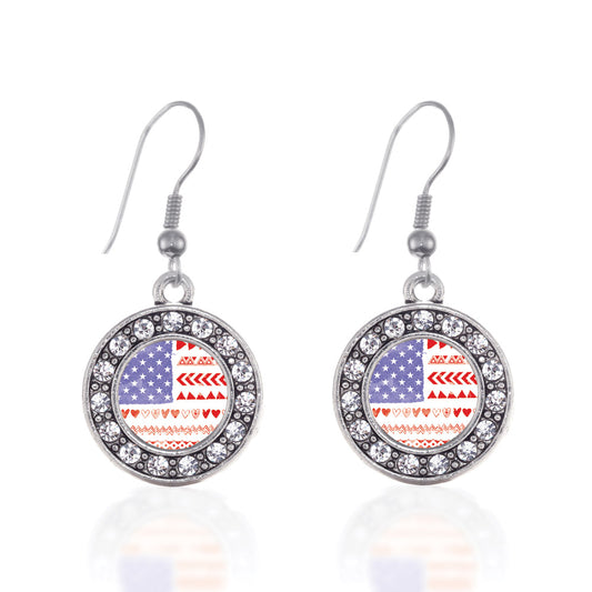 Silver Cute American Flag Circle Charm Dangle Earrings