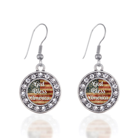 Silver God Bless America Circle Charm Dangle Earrings