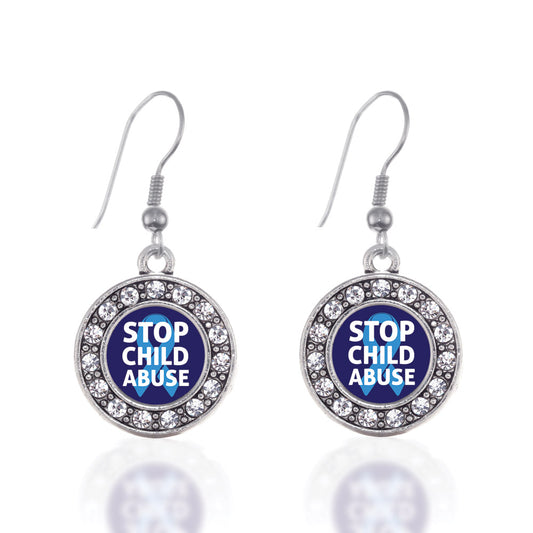 Silver Stop Child Abuse Circle Charm Dangle Earrings