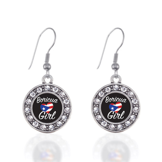 Silver Boricua Girl Circle Charm Dangle Earrings
