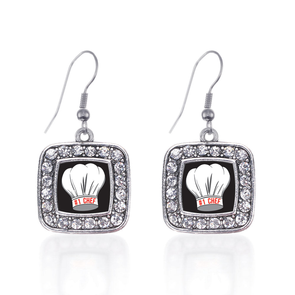 Silver #1 Chef Square Charm Dangle Earrings