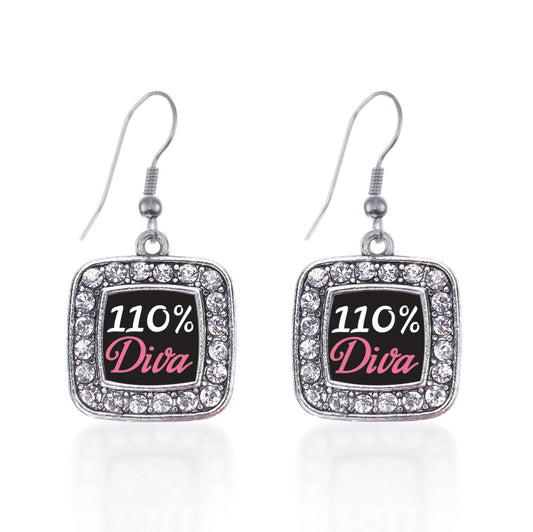 Silver 110% Diva Square Charm Dangle Earrings